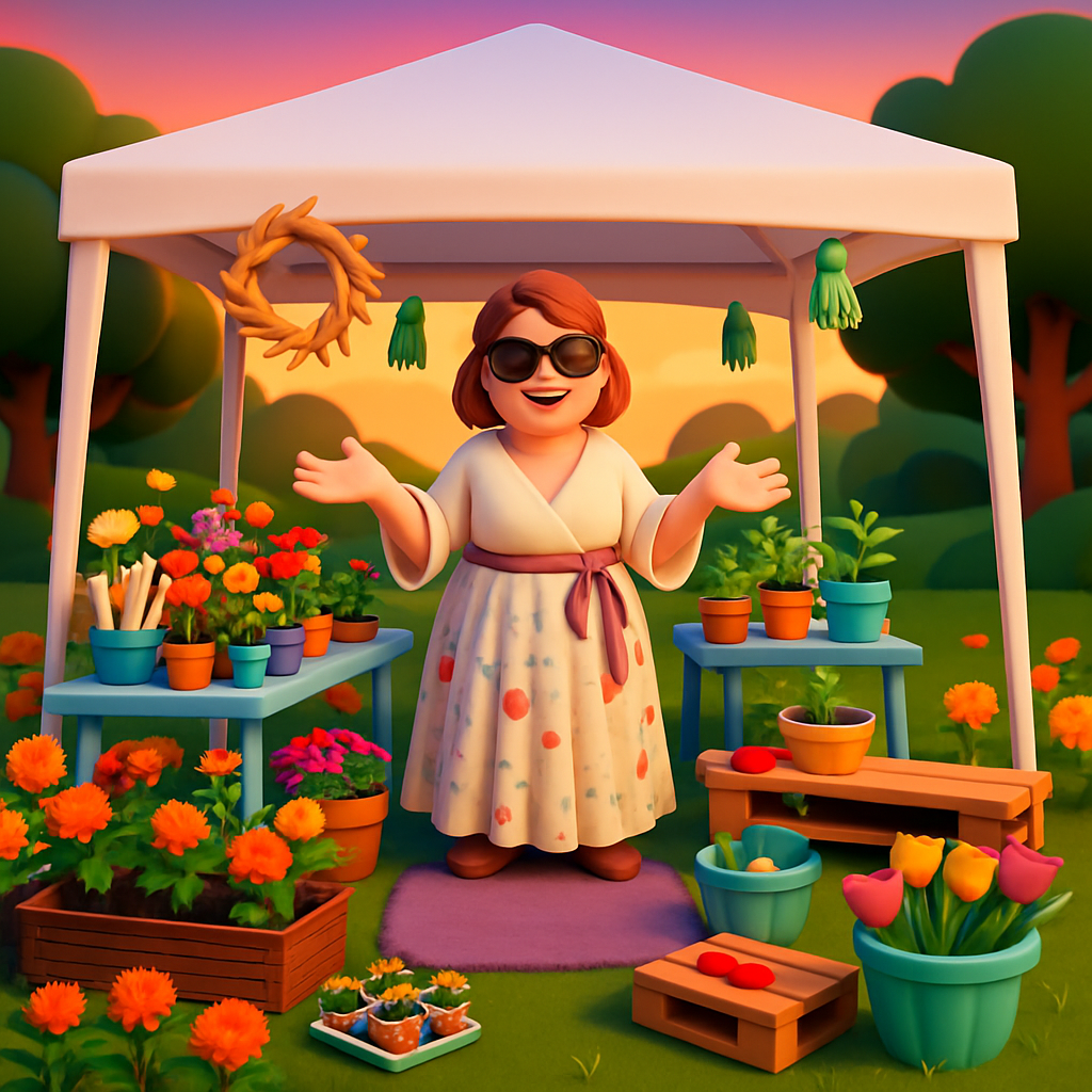 Red headed lady under a gazebo with plants on a potting table.
